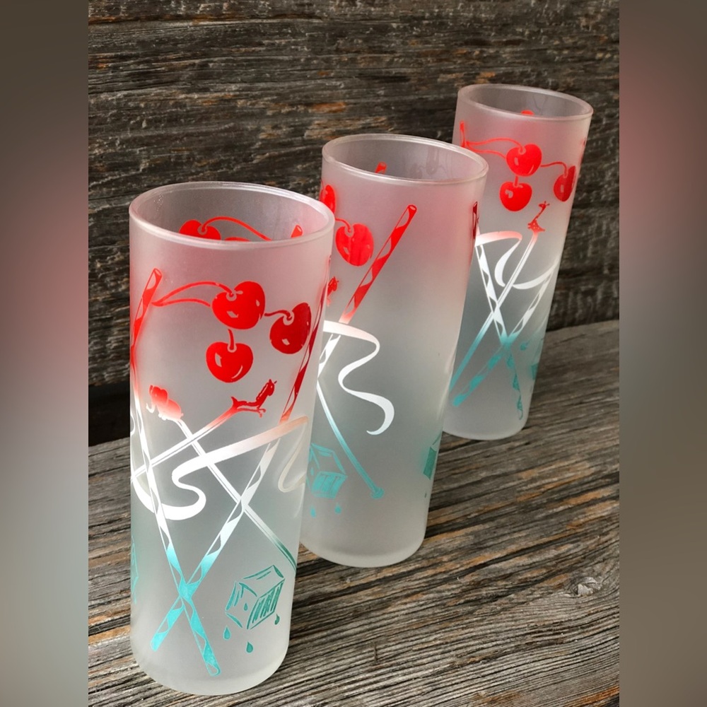 Vintage 3 glasses Frosted Tom Collins cherries animals swizzle sticks MCM 1960s - Picture 3 of 11